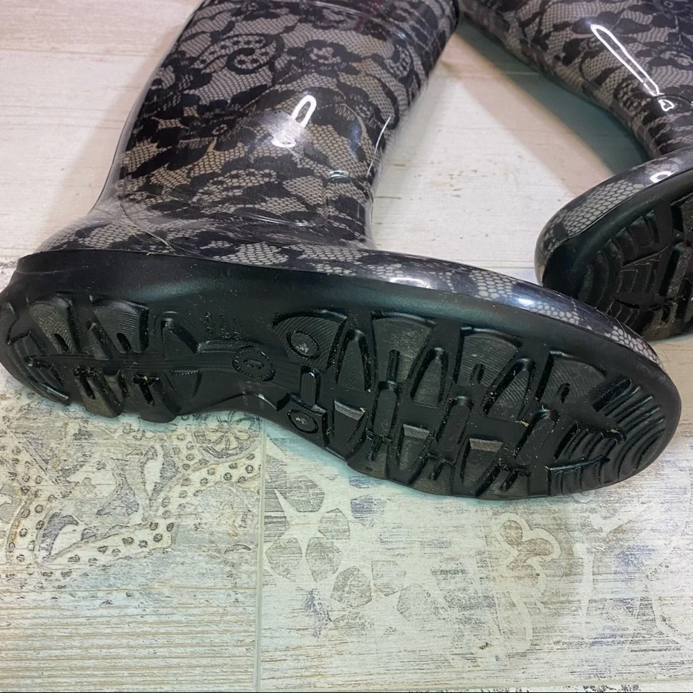 Kamik Black and White Lace Print Rain Boots